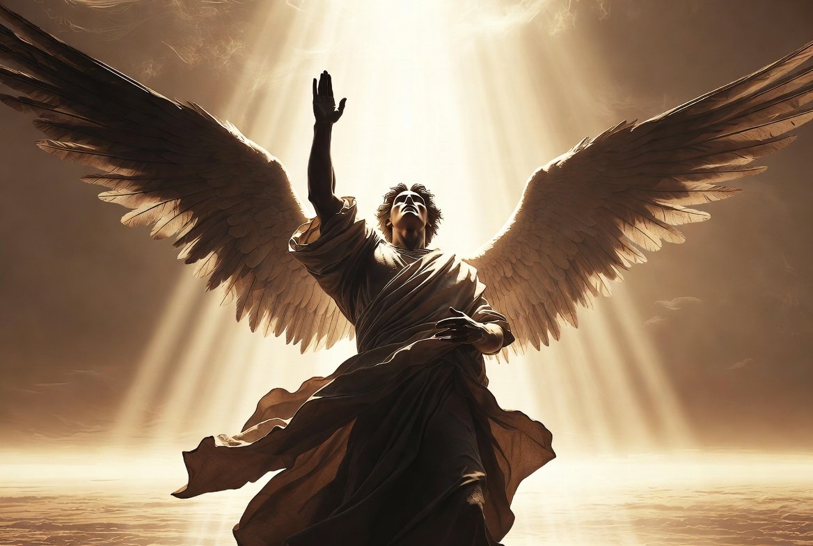 Angel lifts his right hand to heaven to make an oath