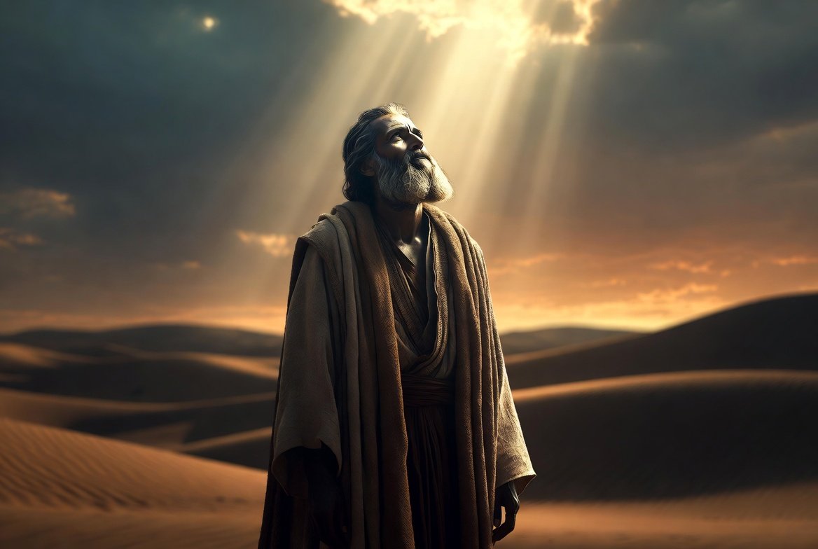Abraham looks up to heaven with rays shining on him while listening to God's voice