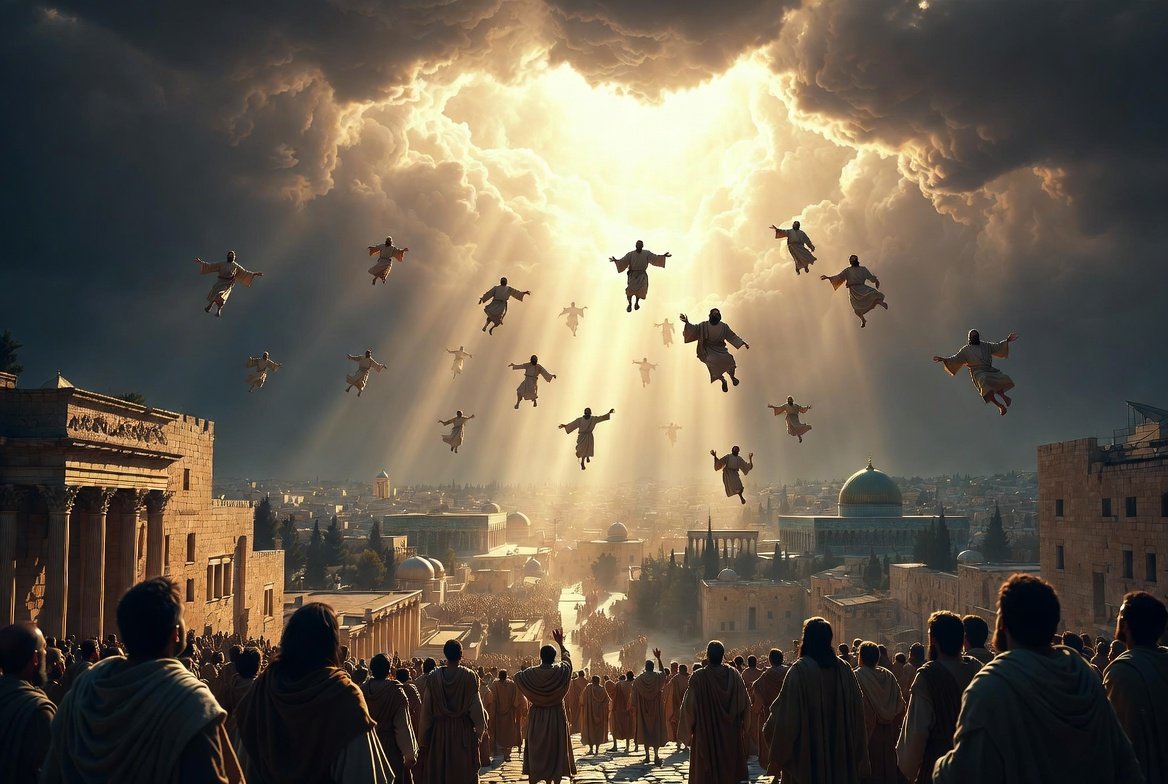 Christians float up to heaven in a rapture of first century saints in Jerusalem