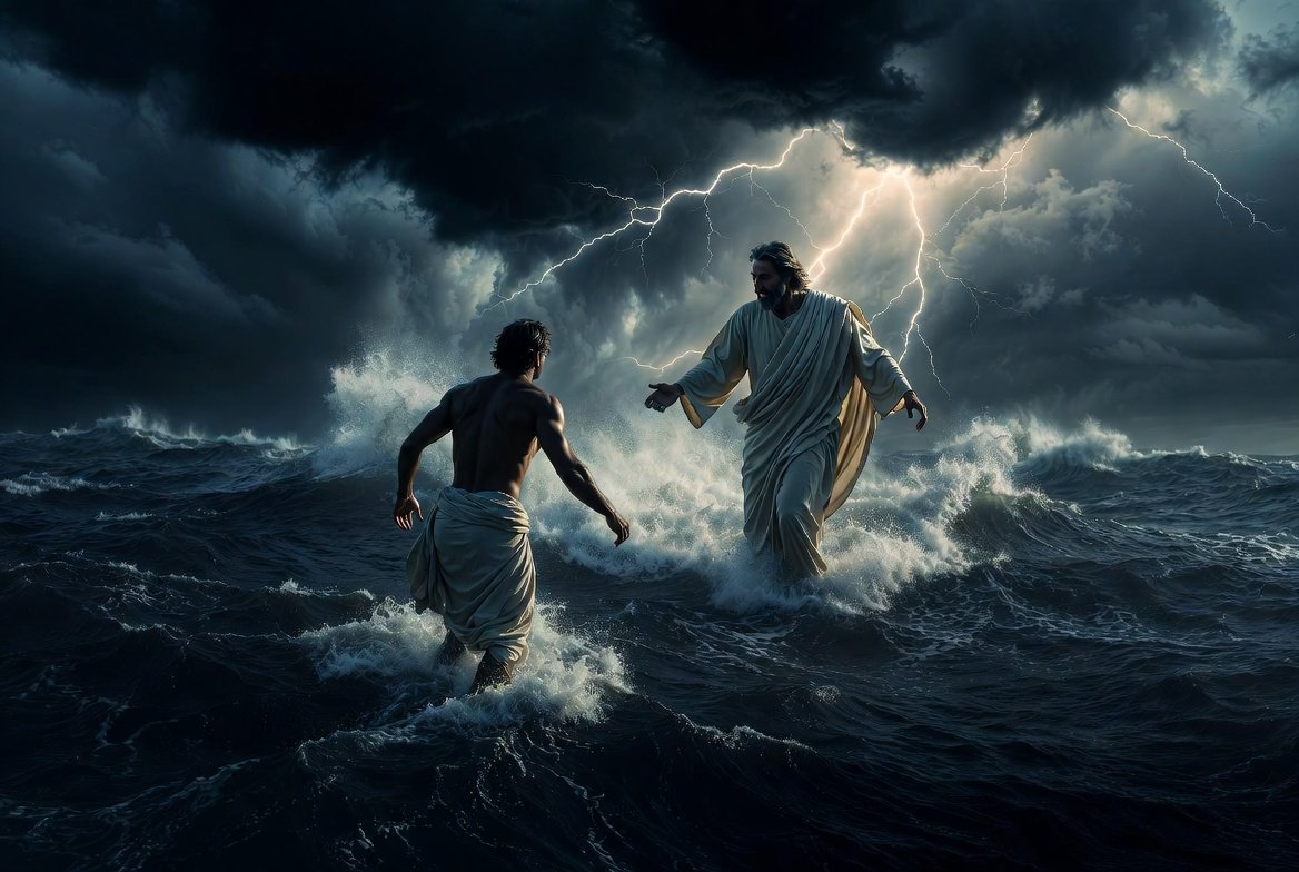 Peter walks on stormy sea with Jesus