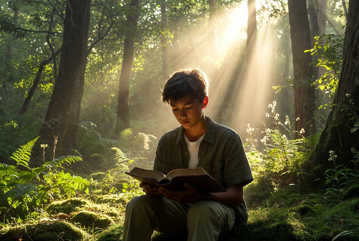 Boy reads Bible in the middle of a beautiful forest
