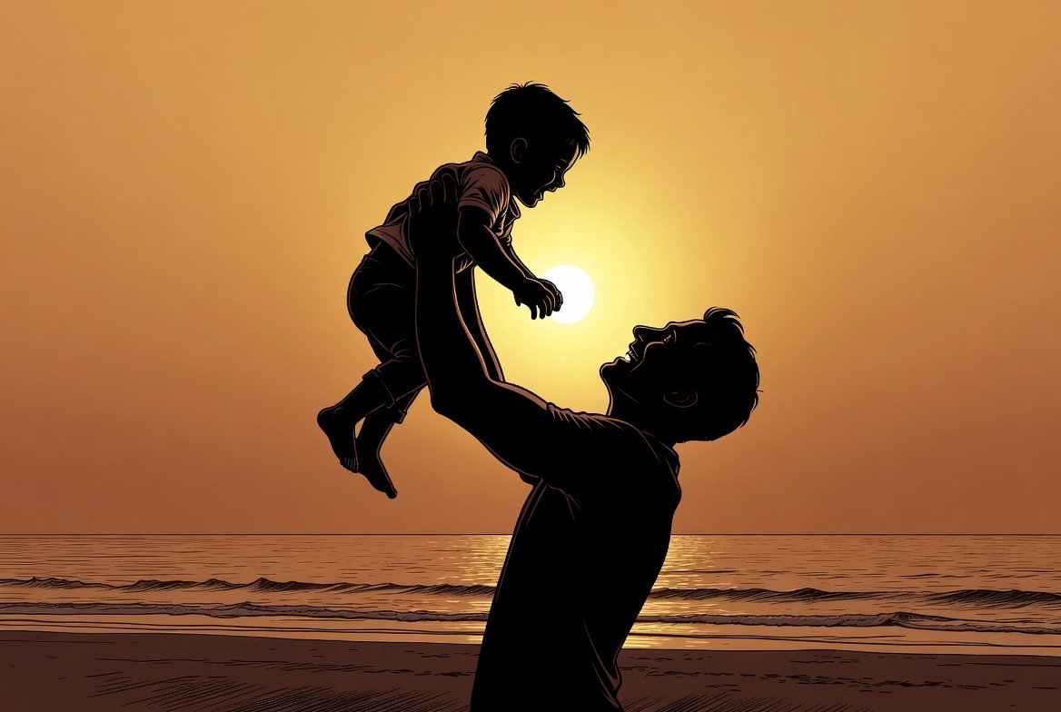 father-lifts-son-on-beach